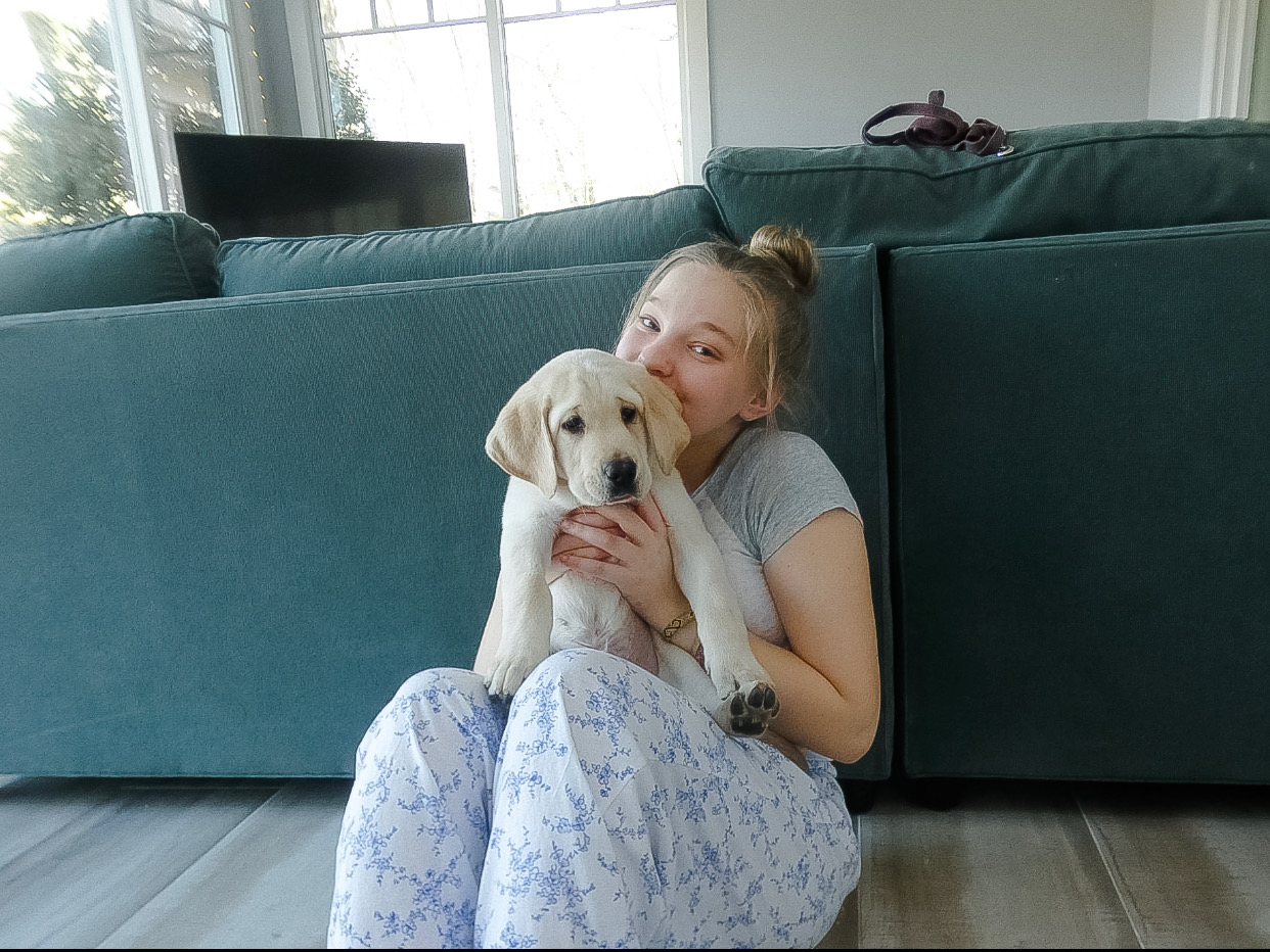 Me and our foster yellow lab puppy from Guiding Eyes for the Blind, Coach