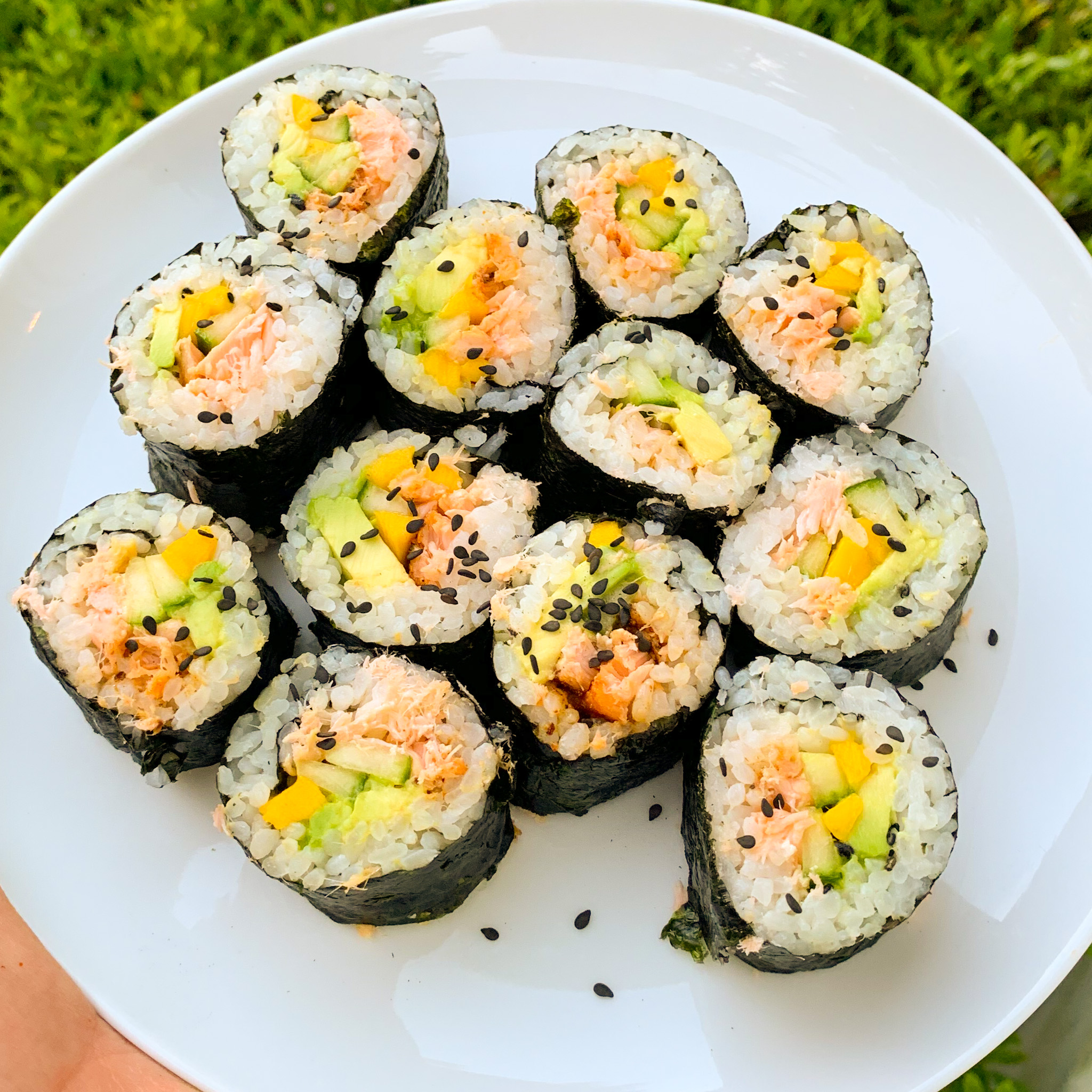 the finished gluten free homemade salmon sushi roll