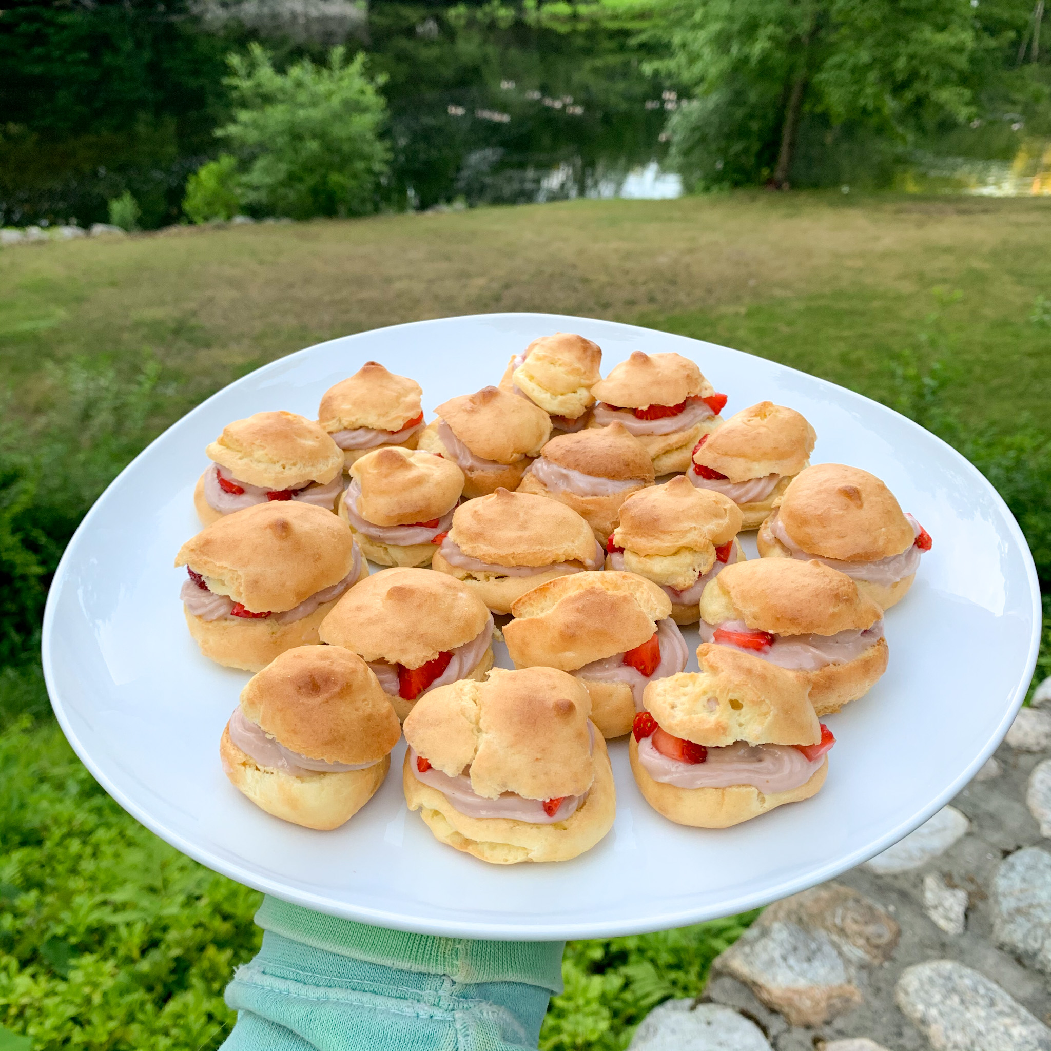 the finished plate of mini gluten free strawberry cream puffs