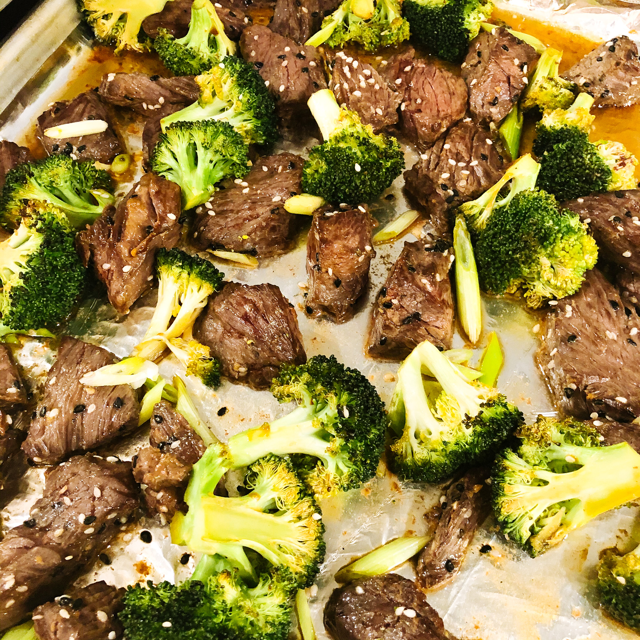 the cooked beef and broccoli on the pan
